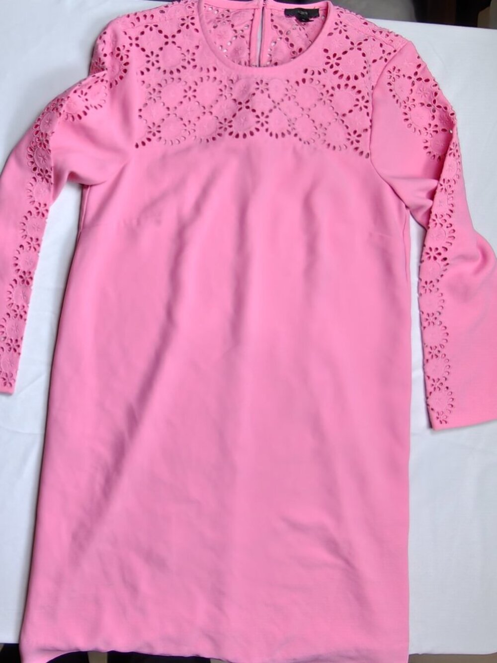 J.Crew Vibrant Pink Eyelet Laser-Cut Long Sleeve Shift Dress Size 6 Flawed